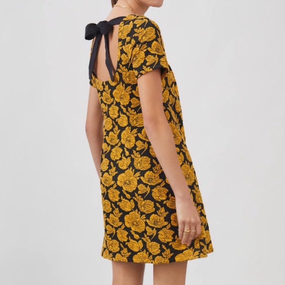 Maeve Anthropologie Yellow Black Floral Jacquard Bow Back Mini Shift Dress Small